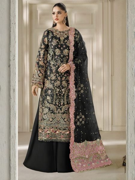 Maria Black Chiffon Suit with Hand Khatli and Jarkan Work For Pakistani Festival Salwar Kameez