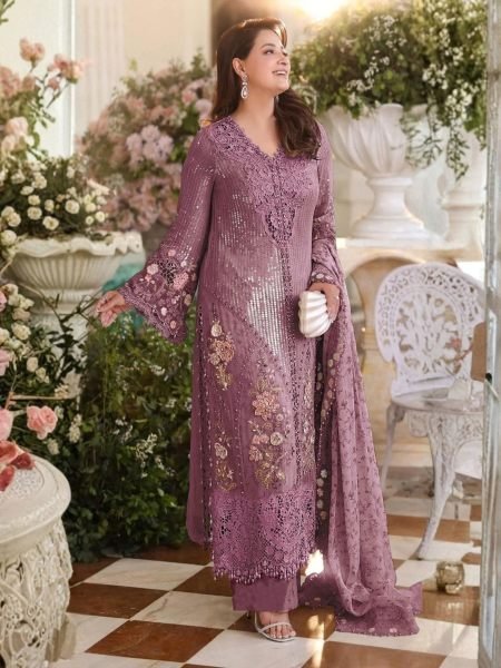 Maria Purple Chiffon Heavy Embroidered Suit with Applique Work at Wholesale Rate Salwar Kameez