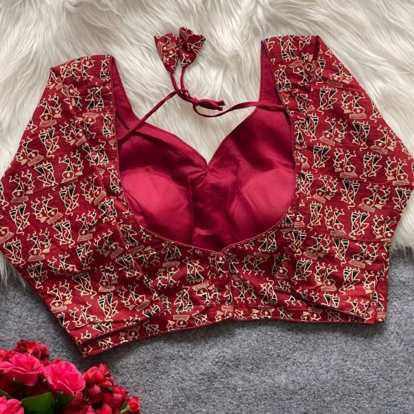 Maroon Ajrakh Blouse with Warli Charm V Neck Elegance in Cotton Galaxy Blouse Collection