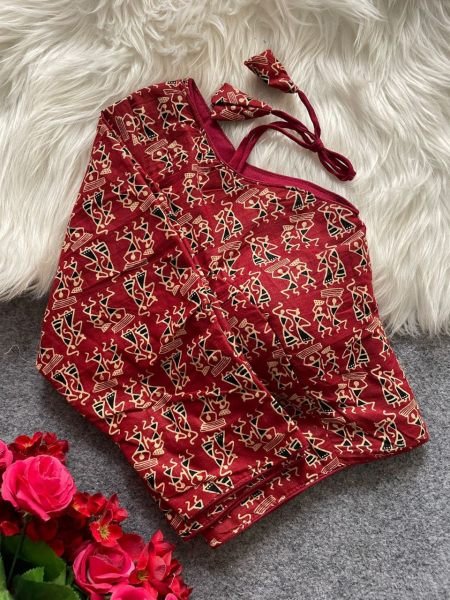 Maroon Ajrakh Blouse with Warli Charm V Neck Elegance in Cotton Galaxy Blouse Collection