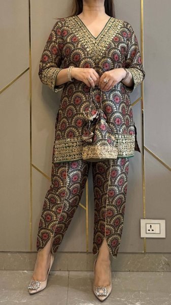 Maroon Ajrakh Mul Cotton Embroidered Co-ord Set for Party Look Kurti With Bottom Wholesale