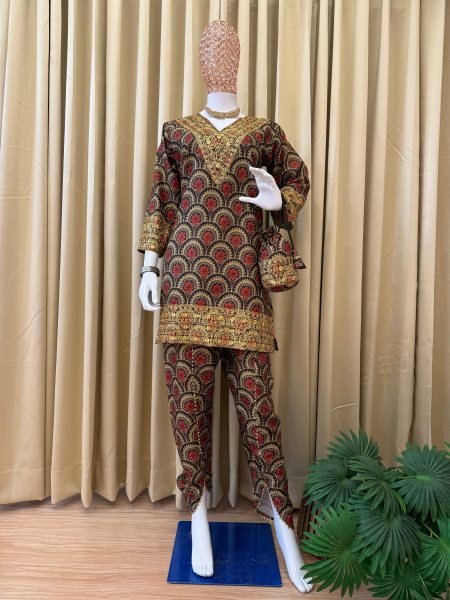 Maroon Ajrakh Mul Cotton Embroidered Co-ord Set for Party Look Kurti With Bottom Wholesale