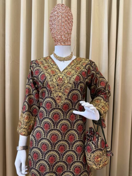 Maroon Ajrakh Mul Cotton Embroidered Co-ord Set for Party Look Kurti With Bottom Wholesale