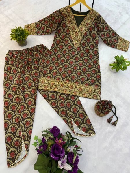 Maroon Ajrakh Mul Cotton Embroidered Co-ord Set for Party Look Kurti With Bottom Wholesale