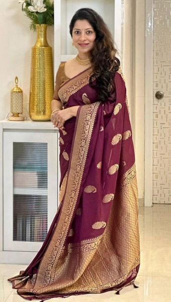 Maroon Banarasi Soft Silk Saree with Rich Gold Zari Pallu at Wholesale Price Banarasi Saree Wholesale