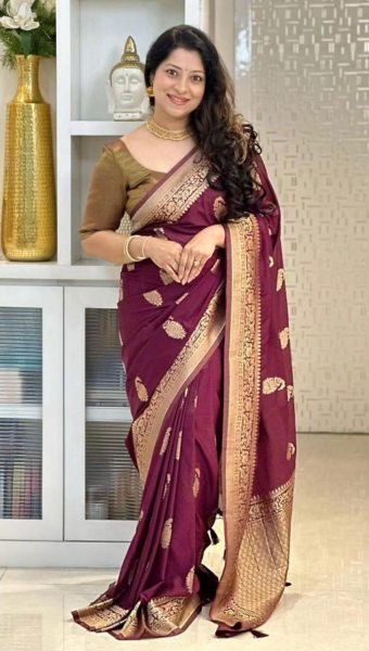 Maroon Banarasi Soft Silk Saree with Rich Gold Zari Pallu at Wholesale Price Banarasi Saree Wholesale