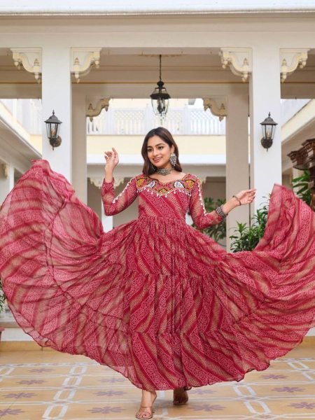 Maroon Bandhani Georgette Gown Mirror Work Elegance for Navratri Nights  Lehenga