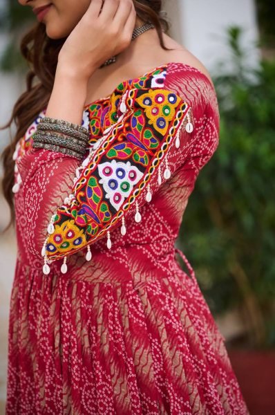 Maroon Bandhani Georgette Gown Mirror Work Elegance for Navratri Nights Navratri Lehnega Choli
