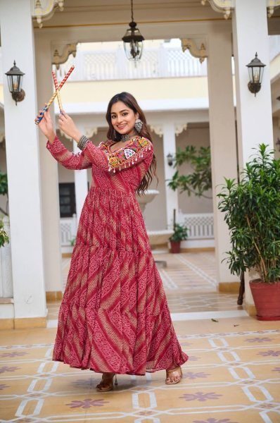 Maroon Bandhani Georgette Gown Mirror Work Elegance for Navratri Nights Navratri Lehnega Choli