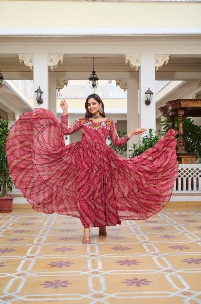 Maroon Bandhani Georgette Gown Mirror Work Elegance for Navratri Nights Navratri Lehnega Choli