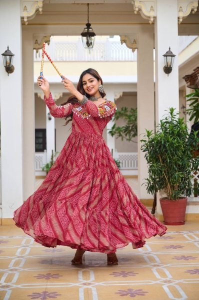 Maroon Bandhani Georgette Gown Mirror Work Elegance for Navratri Nights Navratri Lehnega Choli