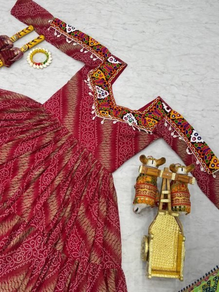 Maroon Bandhani Georgette Gown Mirror Work Elegance for Navratri Nights Navratri Lehnega Choli