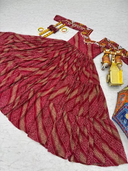 Maroon Bandhani Georgette Gown Mirror Work Elegance for Navratri Nights Navratri Lehnega Choli