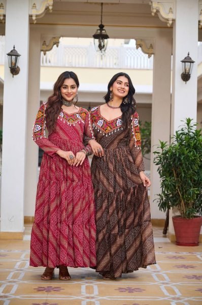 Maroon Bandhani Georgette Gown Mirror Work Elegance for Navratri Nights Navratri Lehnega Choli