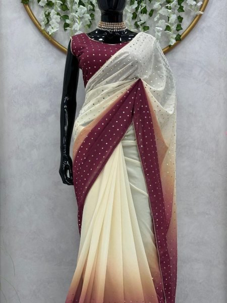 Maroon   Beige Multi Shaded Georgette Saree With Digital Print Georgette Sarees Wholesale