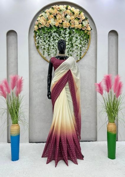 Maroon   Beige Multi Shaded Georgette Saree With Digital Print Georgette Sarees Wholesale