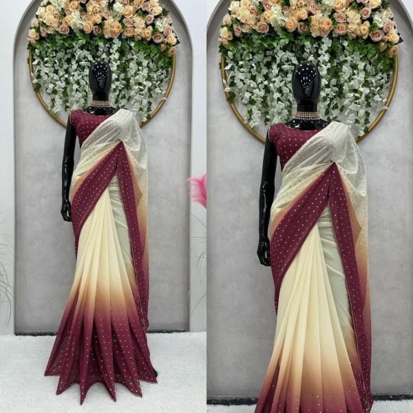 Maroon   Beige Multi Shaded Georgette Saree With Digital Print Georgette Sarees Wholesale