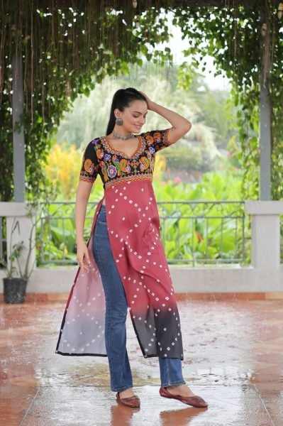 Maroon Black Gamthi Rayon Kurti With Embroidery Traditional Style For Women Navratri Collection