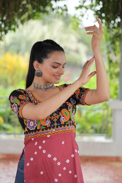 Maroon Black Gamthi Rayon Kurti With Embroidery Traditional Style For Women Navratri Collection