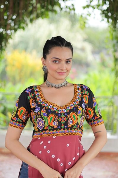 Maroon Black Gamthi Rayon Kurti With Embroidery Traditional Style For Women Navratri Collection