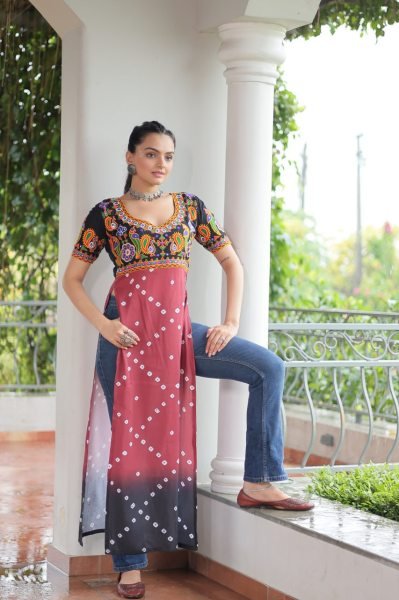 Maroon Black Gamthi Rayon Kurti With Embroidery Traditional Style For Women Navratri Collection