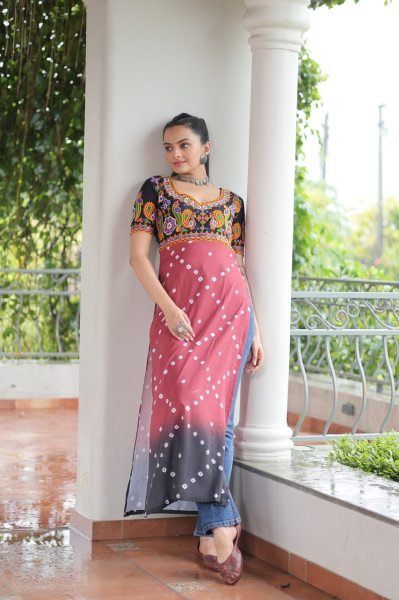 Maroon Black Gamthi Rayon Kurti With Embroidery Traditional Style For Women Navratri Collection