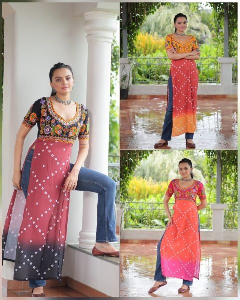 Maroon Black Gamthi Rayon Kurti With Embroidery Traditional Style For Women Navratri Collection