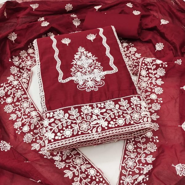 Maroon Chanderi Neck Embroidered Dress Material Set for Resellers Color Set Matching Dress Material Wholesale