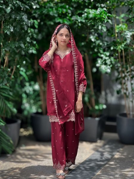 Maroon Chinon Silk Embroidered Palazzo Suit with Cutwork Dupatta Set Ready To Wear Suit
