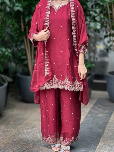 Maroon Chinon Silk Embroidered Palazzo Suit with Cutwork Dupatta Set Ready To Wear Collection