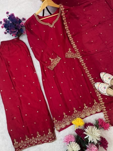 Maroon Chinon Silk Embroidered Palazzo Suit with Cutwork Dupatta Set Ready To Wear Collection