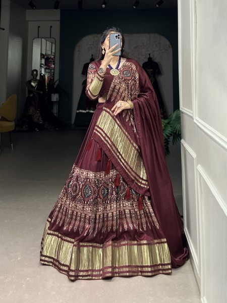Maroon Color Dot And Ikkat Print With Foil Work Gagi Silk Lehenga Choli Set Navratri Lehnega Choli