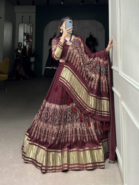 Maroon Color Dot And Ikkat Print With Foil Work Gagi Silk Lehenga Choli Set Navratri Lehnega Choli