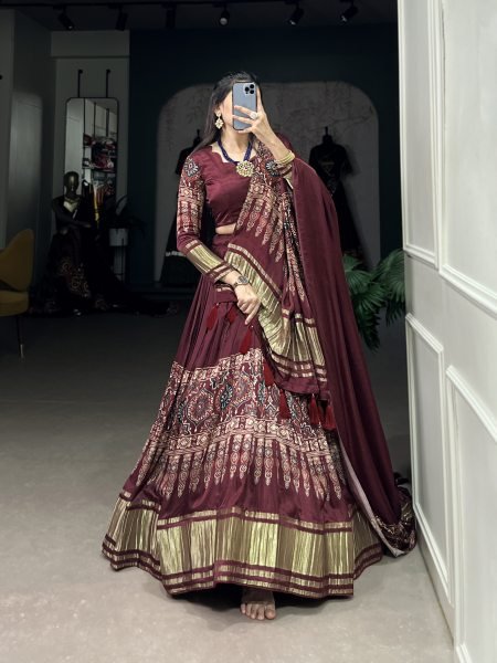 Maroon Color Dot And Ikkat Print With Foil Work Gagi Silk Lehenga Choli Set Navratri Lehnega Choli