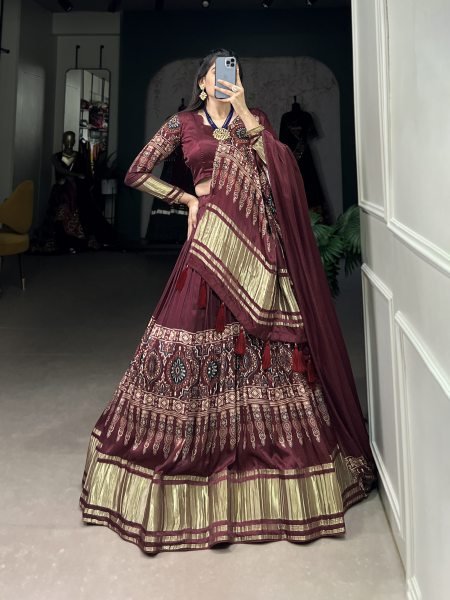 Maroon Color Dot And Ikkat Print With Foil Work Gagi Silk Lehenga Choli Set Navratri Lehnega Choli