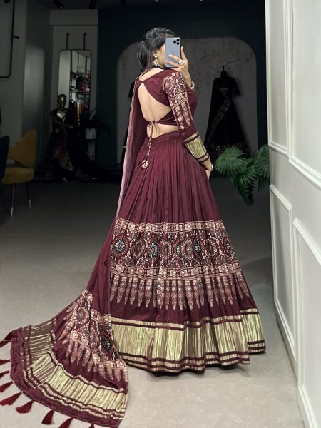 Maroon Color Dot And Ikkat Print With Foil Work Gagi Silk Lehenga Choli Set Navratri Lehnega Choli