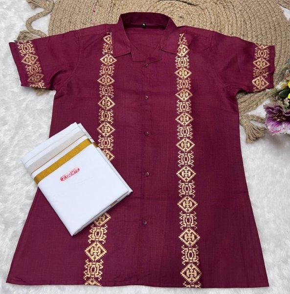 Maroon Cotton Foil Print Shirt with Dhoti Material Perfect for Pongal Mens Shirt