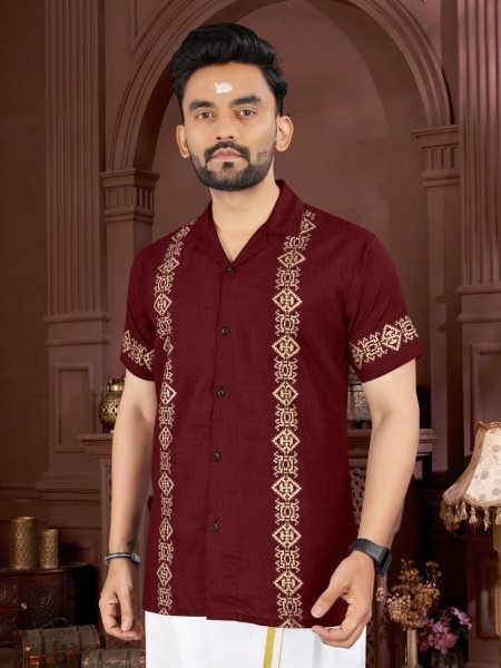 Maroon Cotton Foil Print Shirt with Dhoti Material Perfect for Pongal Mens Shirt
