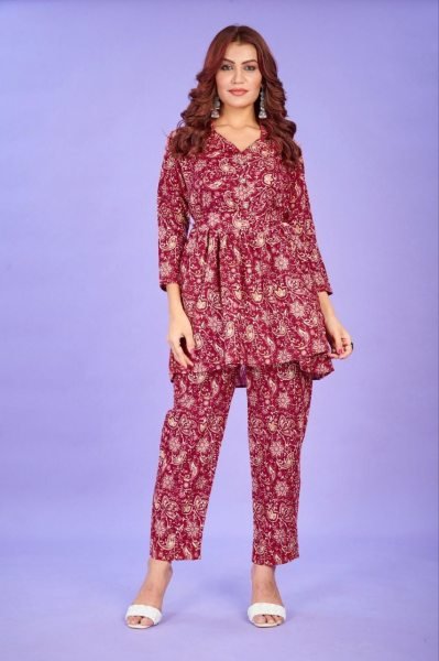 Maroon Cotton Kaftan Coord Set CO ORD Sets