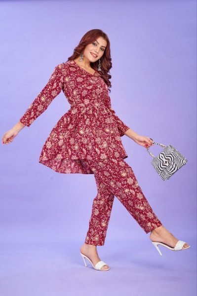 Maroon Cotton Kaftan Coord Set CO ORD Sets