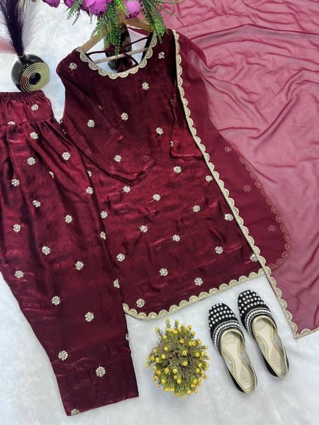 Maroon Crushi Silk Heavy Embroidery Farshi Salwar Suit with Dupatta Perfect for Weddings  Ready To Wear Collection