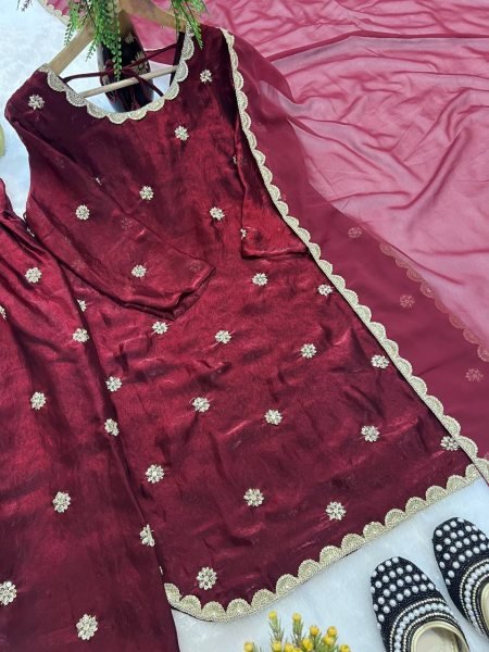 Maroon Crushi Silk Heavy Embroidery Farshi Salwar Suit with Dupatta Perfect for Weddings  Ready To Wear Collection