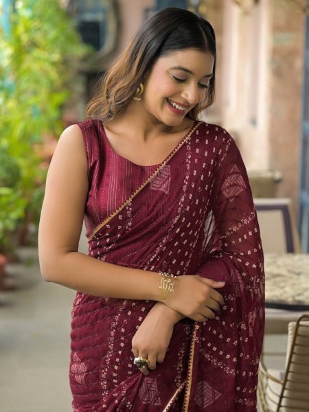 Maroon Designer Georgette Silk Saree with Fancy Print and Embroidey Blouse  Sarees 