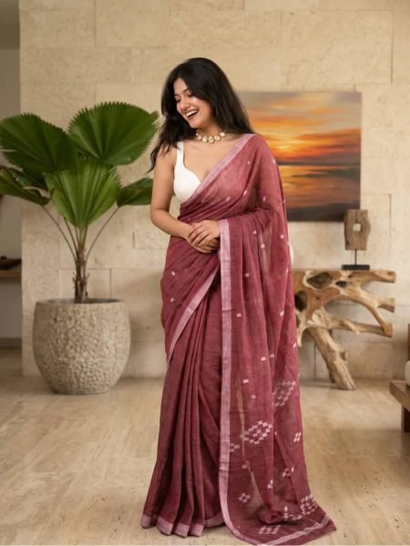 Maroon Digital Print Linen Cotton Saree with Unstitched Blouse For Festival Collection  