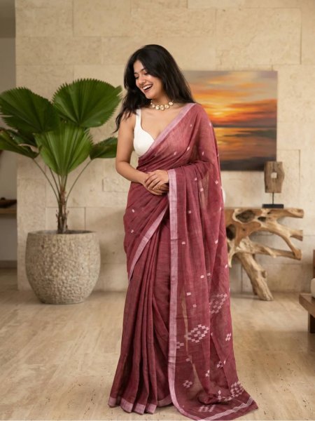 Maroon Digital Print Linen Cotton Saree with Unstitched Blouse For Festival Collection  Printed Cotton Sarees Wholesale