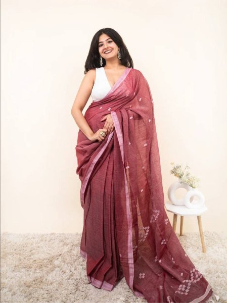 Maroon Digital Print Linen Cotton Saree with Unstitched Blouse For Festival Collection  Printed Cotton Sarees Wholesale