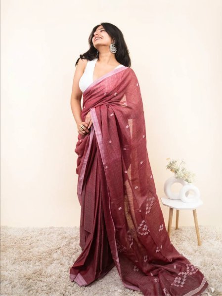 Maroon Digital Print Linen Cotton Saree with Unstitched Blouse For Festival Collection  Printed Cotton Sarees Wholesale
