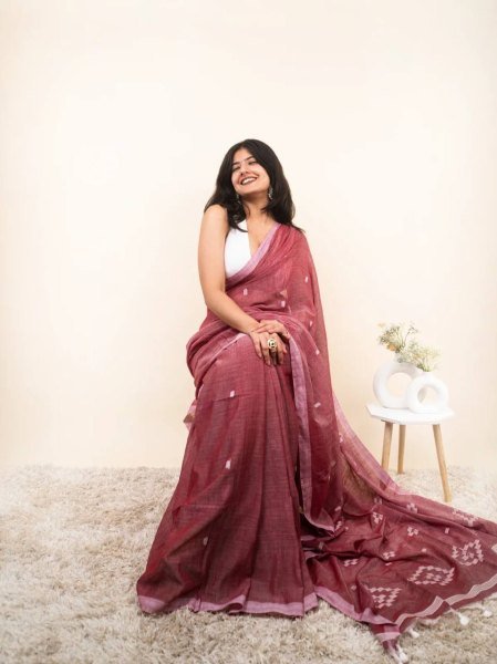 Maroon Digital Print Linen Cotton Saree with Unstitched Blouse For Festival Collection  Printed Cotton Sarees Wholesale
