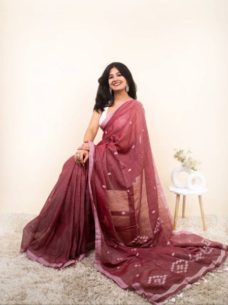 Maroon Digital Print Linen Cotton Saree with Unstitched Blouse For Festival Collection  Printed Cotton Sarees Wholesale
