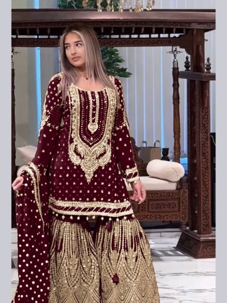 Maroon Embroidered Georgette Sharara Set Pakistani Style for Weddings Ready To Wear Suit